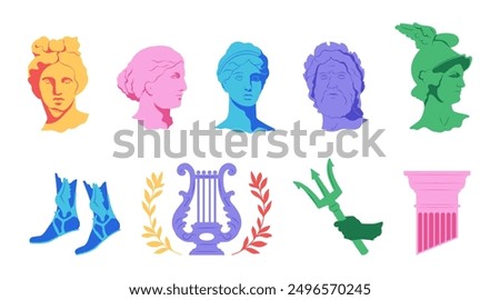 Collection of greek statues head silhouettes. Sculpture 2000s ancient elements, harp, column, wings, trident. Modern y2k icon characters, stickers. Vector illustration 