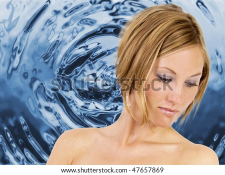 Blond woman skin care look with a blue water background