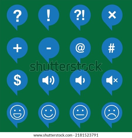 Blue Icons Interrogation Exclamation Multiplying Negation Plus Minus Sign At Sign Hashtag Dollar Sign Audio Sound No Audio No Sound Happy Normal Neutral Sad Avaliation Bubble Talk Chat 