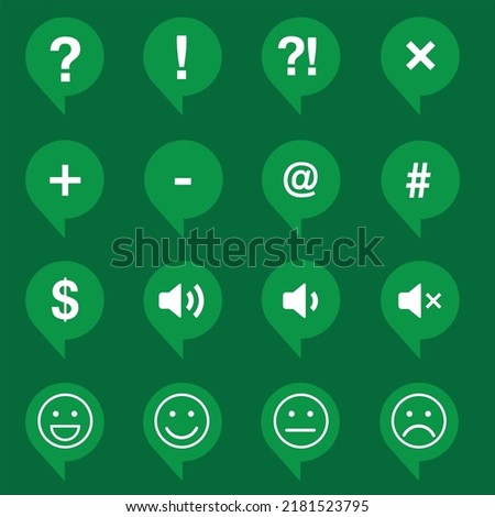 Green Icons Interrogation Exclamation Multiplying Negation Plus Minus Sign At Sign Hashtag Dollar Sign Audio Sound No Audio No Sound Happy Normal Neutral Sad Avaliation Bubble Talk Chat 