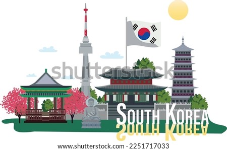 Paper and flat art of South Korea building and landmark in the letters of 