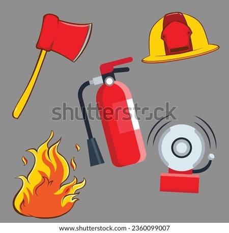 Firefighter emergency equipment stickers set. Axe, fire extinguisher, fire extinguisher.Fire fighting service, protection flat vector illustration