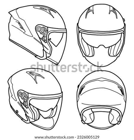 Template vector half face helmet line art, suitable for your custom half face helmet, outline vector doodle illustration,  front, back, and side view, isolated with white background. editable.