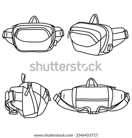 White technical sketch of waist bag vector template, front, back and side view, isolated on white background, editable color and stroke.