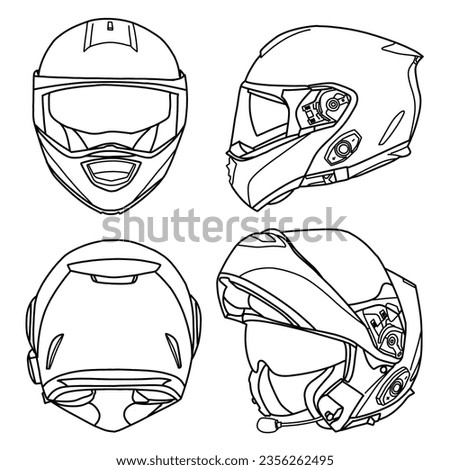 Technical sketch drawing of modular full face helmet with microphone line art, front, side, rear and isometric view, flat sketch, isolated on white background, suitable for your full face helmet