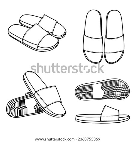 Technical sketch drawing of Slippers line art, top, side, bottom and isometric view, flat sketch vector, isolated on white background, suitable for your slippers, editable color