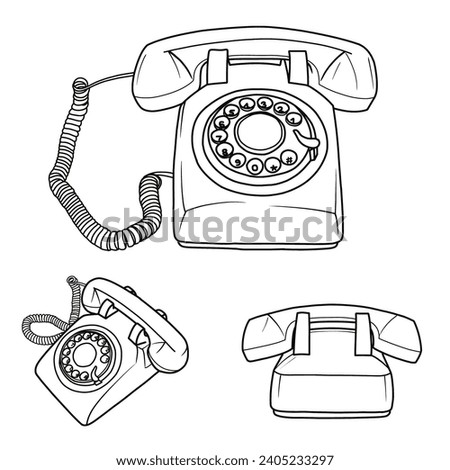 Vector illustration of Retro Rotary Dial Phone 1960s Style Vintage Telephone with Mechanical Ringer, hand drawn line art. isolated on white background