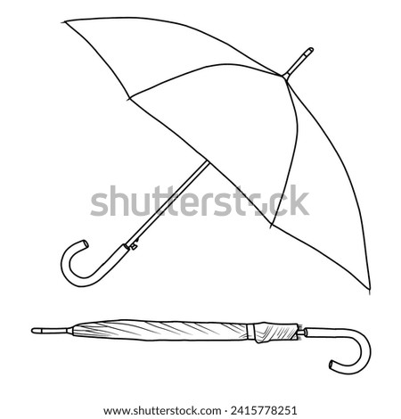 Technical sketch drawing of Open and folded umbrellas, Line art. Hand drawn colored Vector illustration. Cartoon style. suitable for your  umbrella design templates. Isolated on white background 