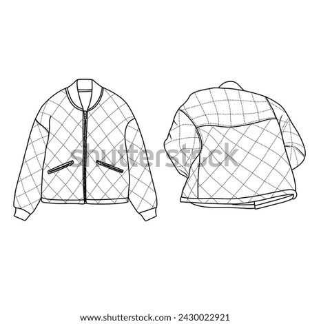 Technical sketch drawing Illustration of Quilted Waterproof Bomber Jacket line art, suitable for your custom jacket design, outline vector doodle illustration, front and back view isolated on white