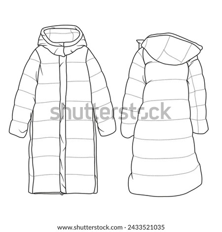 Technical sketch drawing Illustration of Hooded Water Repellent Quilted Jacket line art, suitable for your for coloring book outline vector doodle illustration, front and back view isolated on white