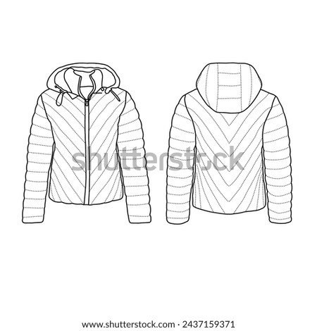 Template vector illustration hand drawn of Puffed Quilted Jacket line art, front and back view, isolated on white background for kids coloring book.