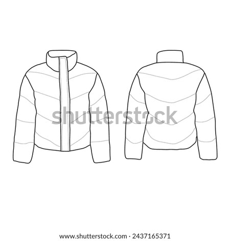 Template vector illustration hand drawn of women Quilted Puffer Jacket line art, front and back view, isolated on white background for kids coloring book.