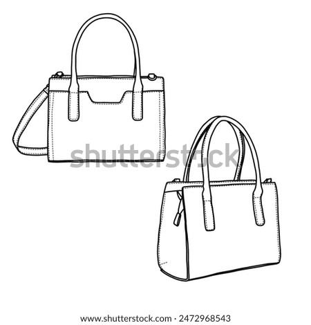 Women Top Handel Satchel With Removable Crossbody Strap Line art, Suitable for your custom women handbags design, outline vector doodle illustration front and 3d view, isolated on white background