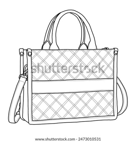 Tote Bags Quilted Handbags Shoulder Purses with Detachable Strap Line art, outline vector doodle illustration front view, isolated on white background