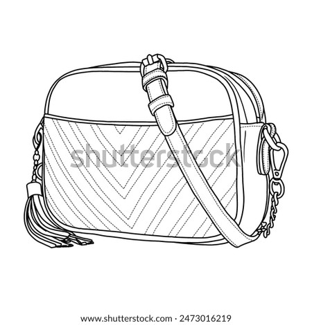 Quilted Cross body Bag, Trendy Design Shoulder Purse Line art, Suitable for your custom women handbags design, outline vector doodle illustration side view, isolated on white background