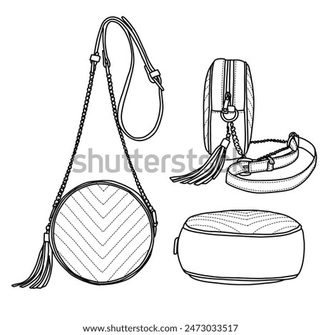 Round Cross body Shoulder Bag Circle Tassel Purse Handbags for Women Small Clutch Wallet With Chain Line art, outline vector doodle illustration various view, isolated on white background