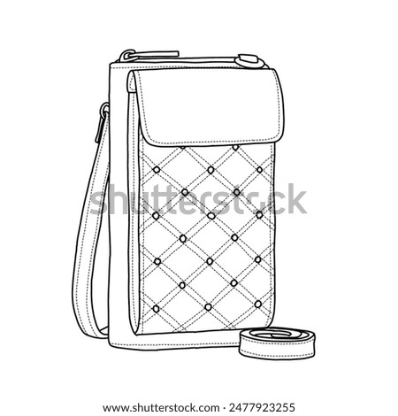 Small Cross body Cell Phone Purse for Women  Line art, outline vector doodle illustration front view, isolated on white background