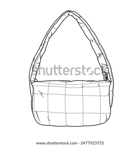 Puffer Handbag for Women, Quilted Down Padded Satchel Bag for Shopping and Travel Line art, outline vector doodle illustration front view, isolated on white background