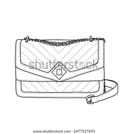 Cross body Bags for Women, Quilted Shoulder Bag with Chain Strap Line art, outline vector doodle illustration front view, isolated on white background