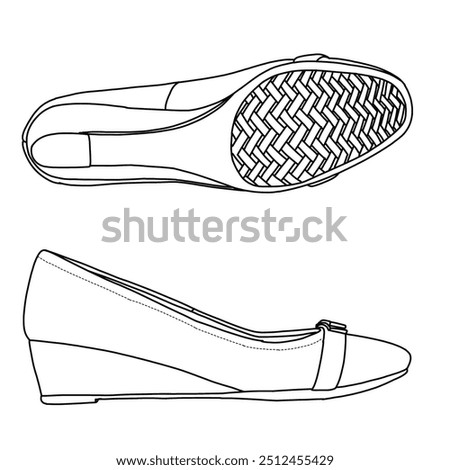 Women's Wedge Sandal with clossed toe design Line art,Technical sketch hand drawing outline vector doodle illustration side and bottom view isolated on white background