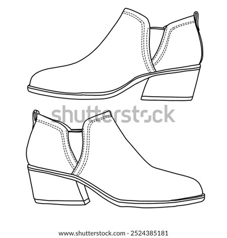 Women's Low Heel Ankle Boots Classic Pointed Toe Side Zipper Booties Line art, Technical sketch hand drawing outline vector doodle illustration pairs side view isolated on white background