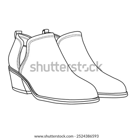 Women's Low Heel Ankle Boots Classic Pointed Toe Side Zipper Booties Line art, Technical sketch hand drawing outline vector doodle illustration side view isolated on white background