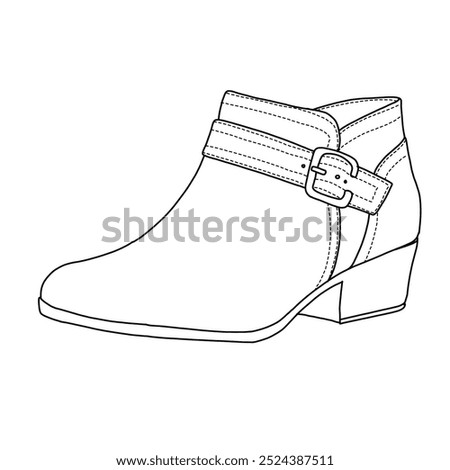 Women's Side Way Low Heel Ankle Bootie Shoes Line art, Technical sketch hand drawing outline vector doodle illustration 3D Side isometric view isolated on white background