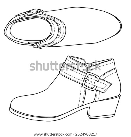 Women's Side Way Low Heel Ankle Bootie Shoes Line art, Technical sketch hand drawing outline vector doodle illustration side and top view isolated on white background