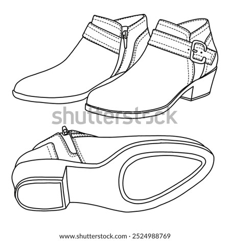 Women's Side Way Low Heel Ankle Bootie Shoes Line art, Technical sketch hand drawing outline vector doodle illustration side and bottom view isolated on white background