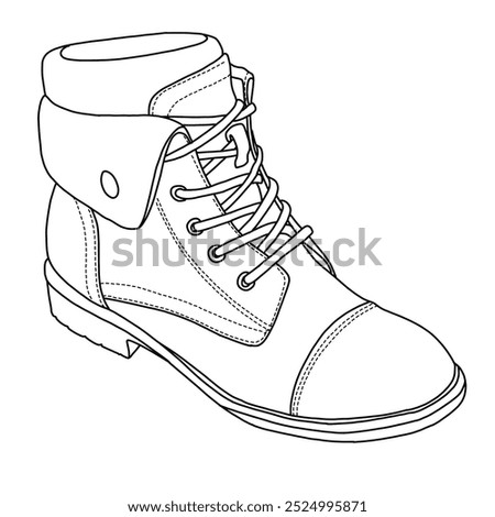 Women's lug sole mid heel ankle bootie double elastic gore shoes Line art, Technical sketch hand drawing outline vector doodle illustration isometric 3D view isolated on white background