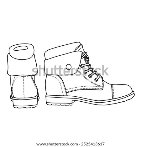 Women's lug sole mid heel ankle bootie double elastic gore shoes Line art, Technical sketch hand drawing outline vector doodle illustration side and rear view isolated on white background