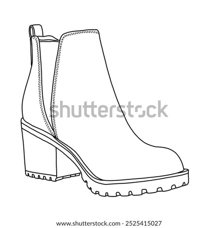 Women's High Chunky Heel Ankle Boots Slip On Elastic Fall Heeld Booties Shoes Line art, Technical sketch hand drawing outline vector doodle illustration isometric 3D view isolated on white background