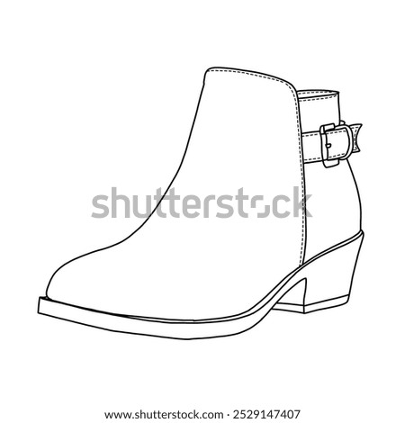 Women's Boots Chunky Low Heel Ankle Booties Shoes with strap Line art, Technical sketch hand drawing outline vector doodle illustration side 3D Isometric view isolated on white background