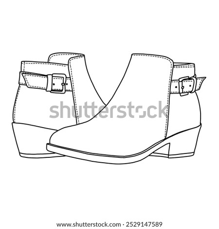 Women's Boots Chunky Low Heel Ankle Booties Shoes with strap Line art, Technical sketch hand drawing outline vector doodle illustration rear and side 3D Isometric view isolated on white background