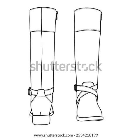 Women's Knee High Tall Riding Boots with Low Heel Buckle Calf Boot Shoes Line art, Technical sketch hand drawing outline vector doodle illustration front and rear view isolated on white background