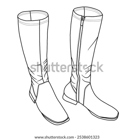 Women's Knee High Boots Comfy Flat Heel Side Zipper Costume Knight Booties Line art, Technical sketch hand drawing outline vector doodle illustration front isometric view isolated on white background