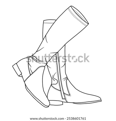 Women's Knee High Boots Comfy Flat Heel Side Zipper Costume Knight Booties Line art, Technical sketch hand drawing outline vector doodle illustration side view walking pose isolated on white