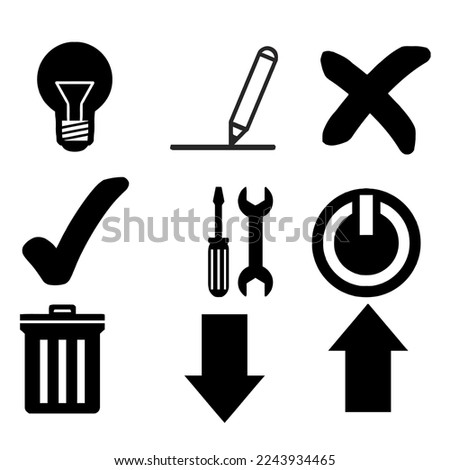 Icon set consists of light bulb, pen, cross, check mark, screwdriver, wrench, power button, trash can, up arrow, down arrow
