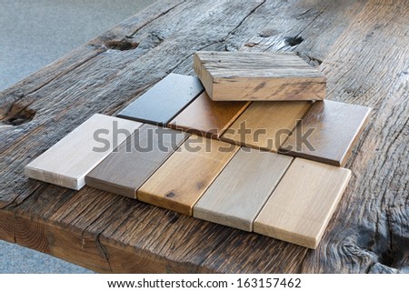 Samples of different kinds of wood in a furniture shop