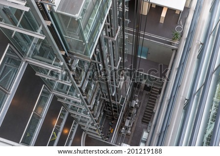 DELFT, THE NETHERLANDS - JUN 24: Looking downwards in an open elevator shaft of an office building from the dutch governmental organization \