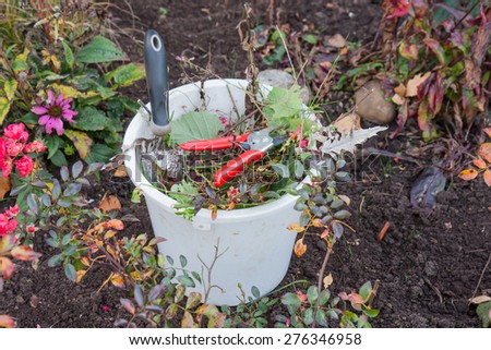 Plastic bucket with garden tools and garden waste