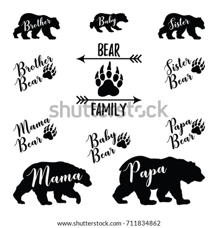 Bear Family bundle set.Papa,Mama,Baby,Brother,Sister bear lettering with paw and arrow.