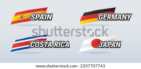 Vector banners featuring names of countries with national flags for teams Spain, Germany, Costa Rica and Japan, for World Cup groups and other sports, in hand drawn illustration style.
