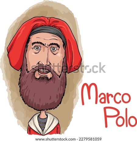 Caricature of Marco Polo: A Venetian merchant and traveler who journeyed to China in the 13th century, and wrote about his adventures in his book 