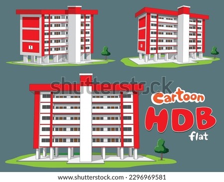 HDB flat is affordable public housing in Singapore. It's well-designed with basic amenities. Various sizes and located in various residential estates across the island. Cartoon style HDB flats.