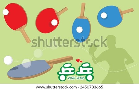 Ping Pong bat isolated on green background. It is a small paddle used in the game of table tennis, typically made of wood and rubber, used to hit the ball back and forth. Translation: Ping Pong.