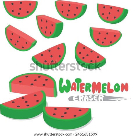 Old-school, cute watermelon eraser: small, vibrant, with green skin and a juicy, pinkish-red center. It's perfect for erasing mistakes with a smile.
