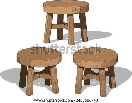 Old school short wooden stools feature a simple, sturdy design with a flat, round seat. They have four straight legs, slightly splayed for stability, connected by crossed horizontal wooden braces.