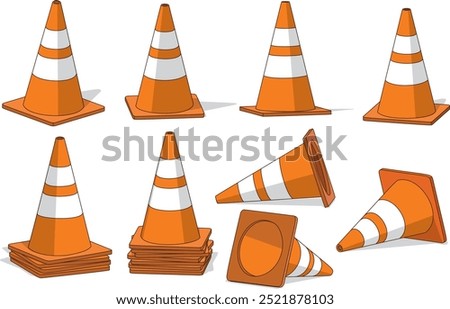 A collection of orange and white traffic cones in various positions: standing alone, stacked in groups, and lying on the ground, isolated against a white background.