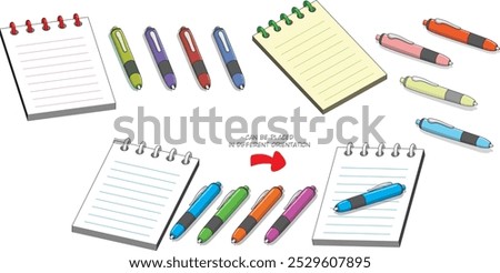 A set of notepads and pens, which can be placed in different orientations.